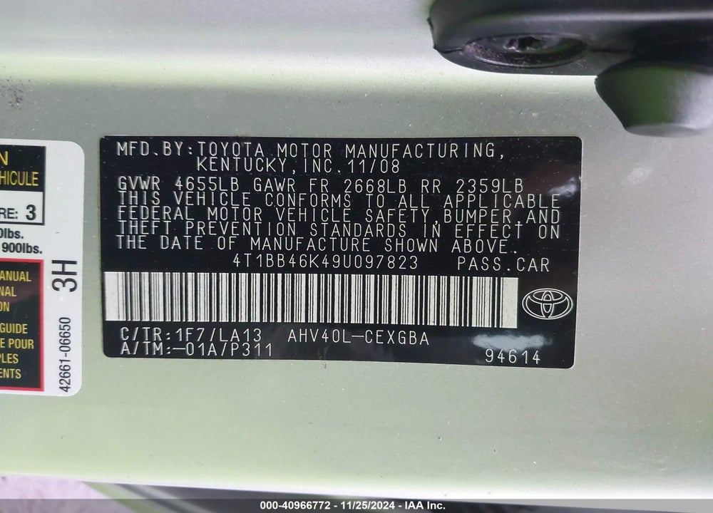 2009 TOYOTA CAMRY HYBRID VIN: 4T1BB46K49U097823
