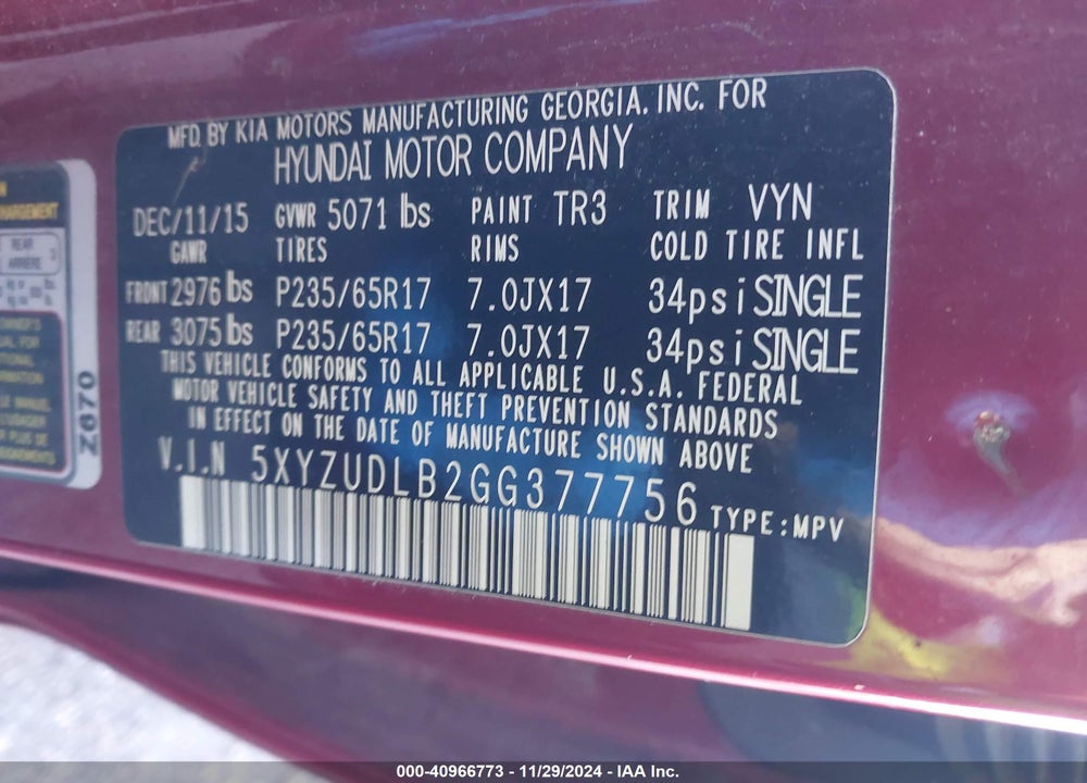 2016 HYUNDAI SANTA FE SPORT 2.4L VIN: 5XYZUDLB2GG377756