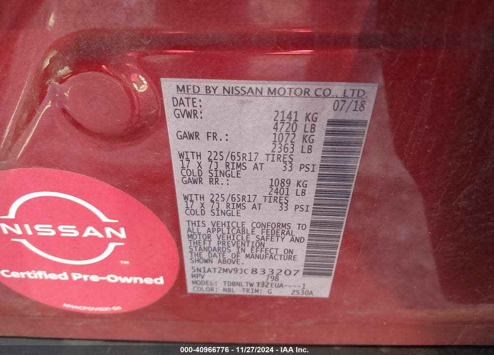 2018 NISSAN ROGUE SV VIN: 5N1AT2MV9JC833207