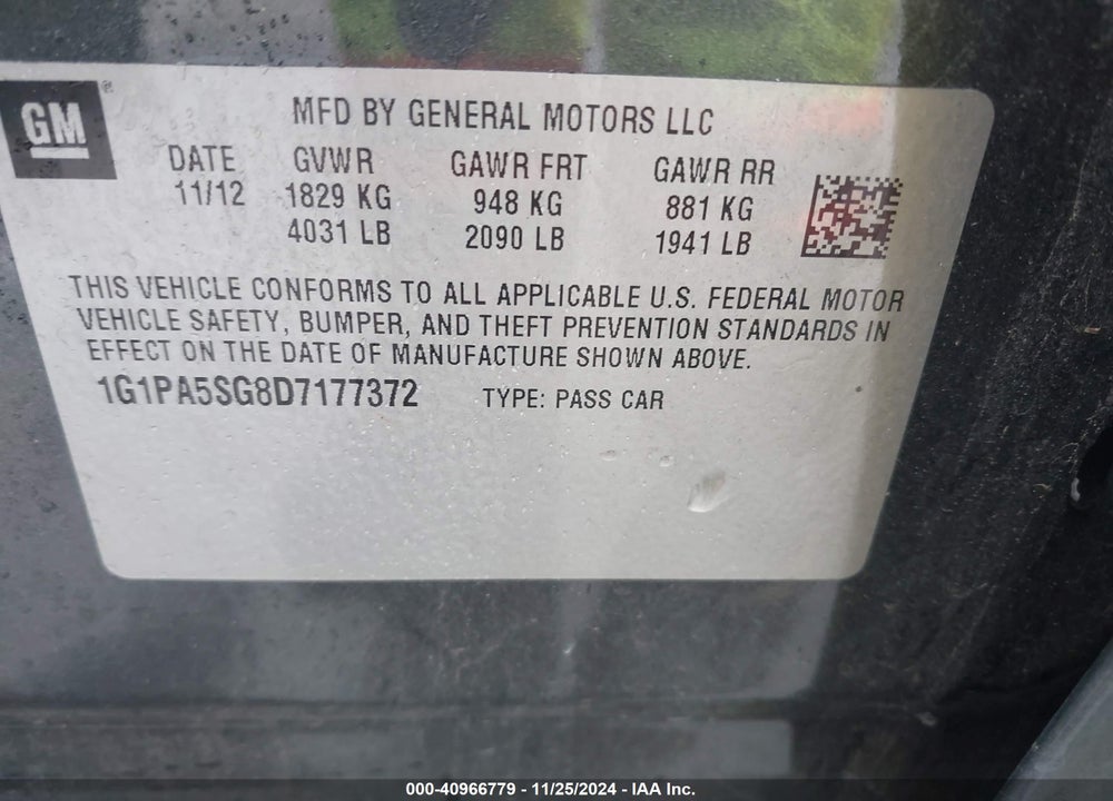 2013 CHEVROLET CRUZE LS AUTO VIN: 1G1PA5SG8D7177372