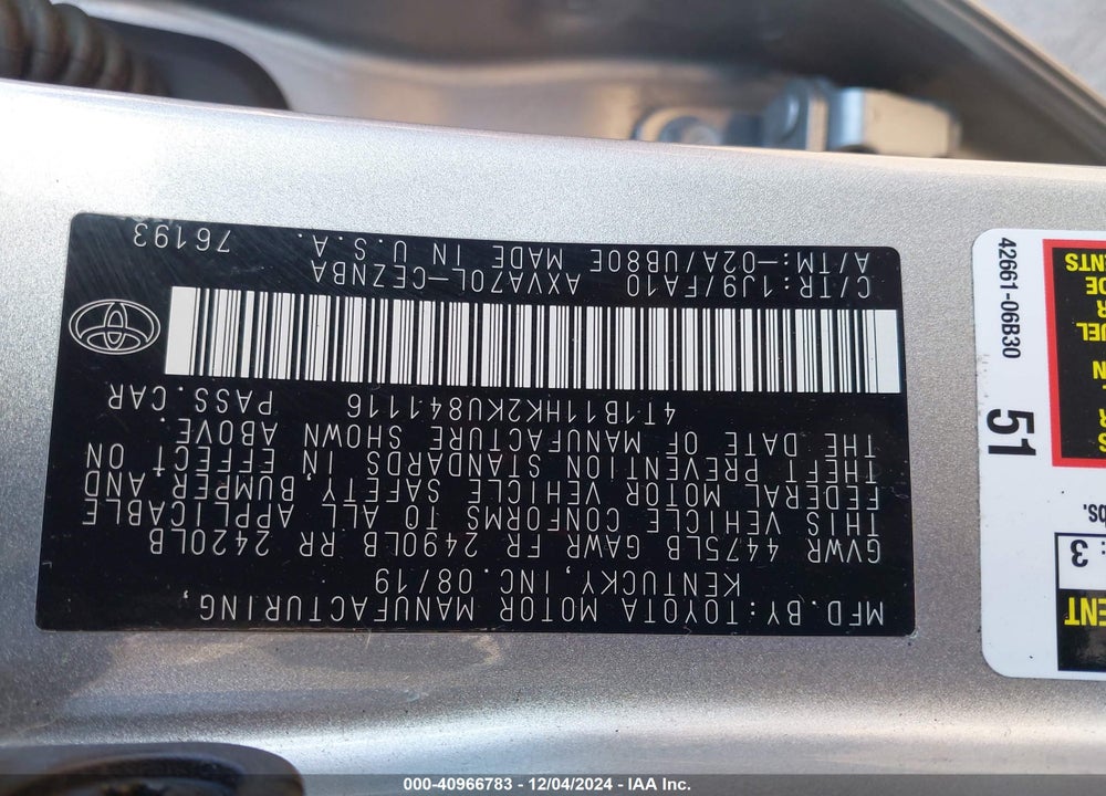 2019 TOYOTA CAMRY VIN: 4T1B11HK2KU841116