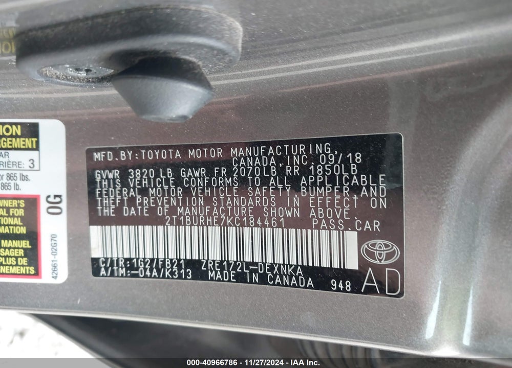 2019 TOYOTA COROLLA LE VIN: 2T1BURHE7KC184461