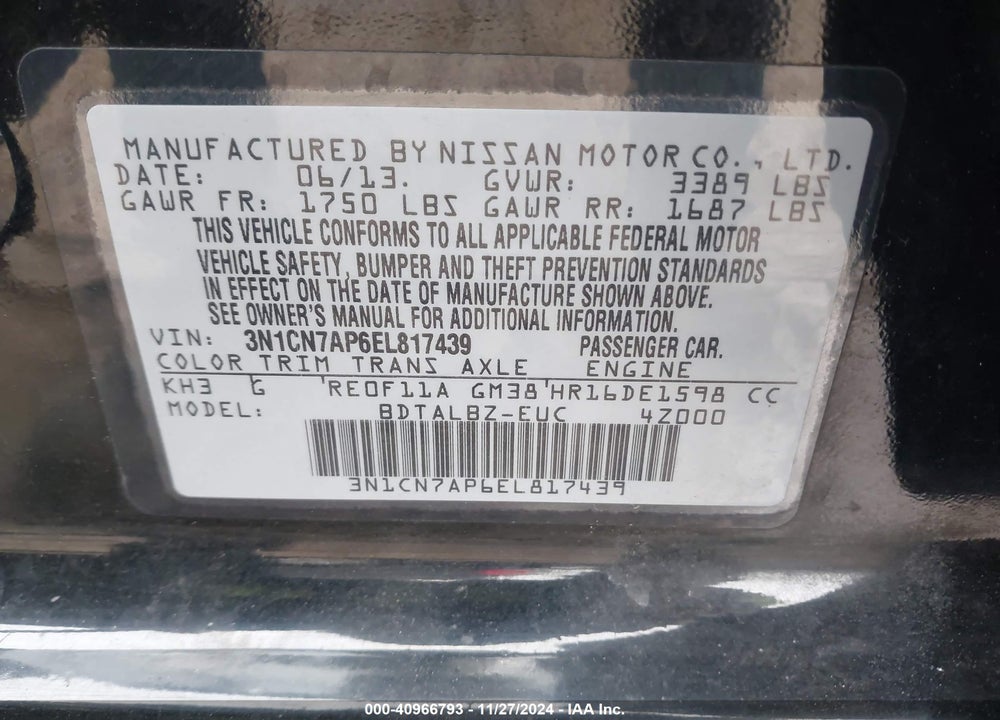2014 NISSAN VERSA 1.6 SV VIN: 3N1CN7AP6EL817439
