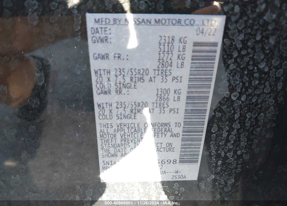 2022 NISSAN MURANO SV FWD VIN: 5N1AZ2BJ3NC125698