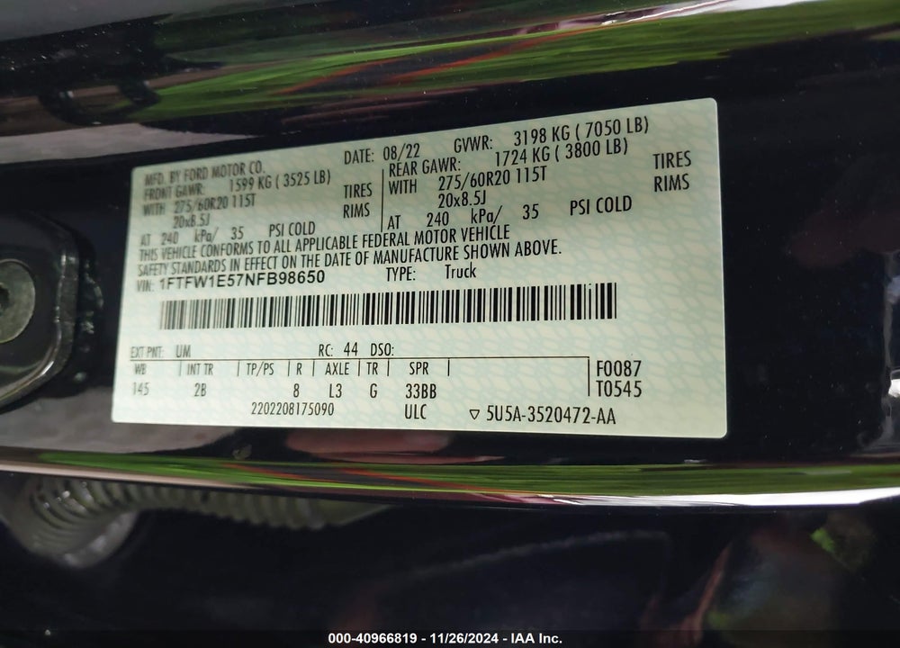 2022 FORD F150 VIN: 1FTFW1E57NFB98650