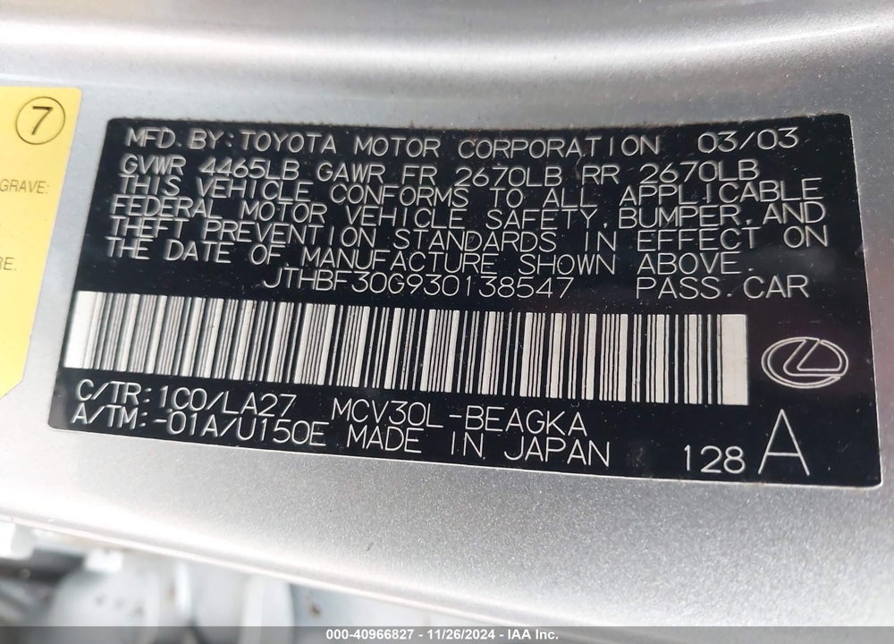 2003 LEXUS ES 300 VIN: JTHBF30G930138547