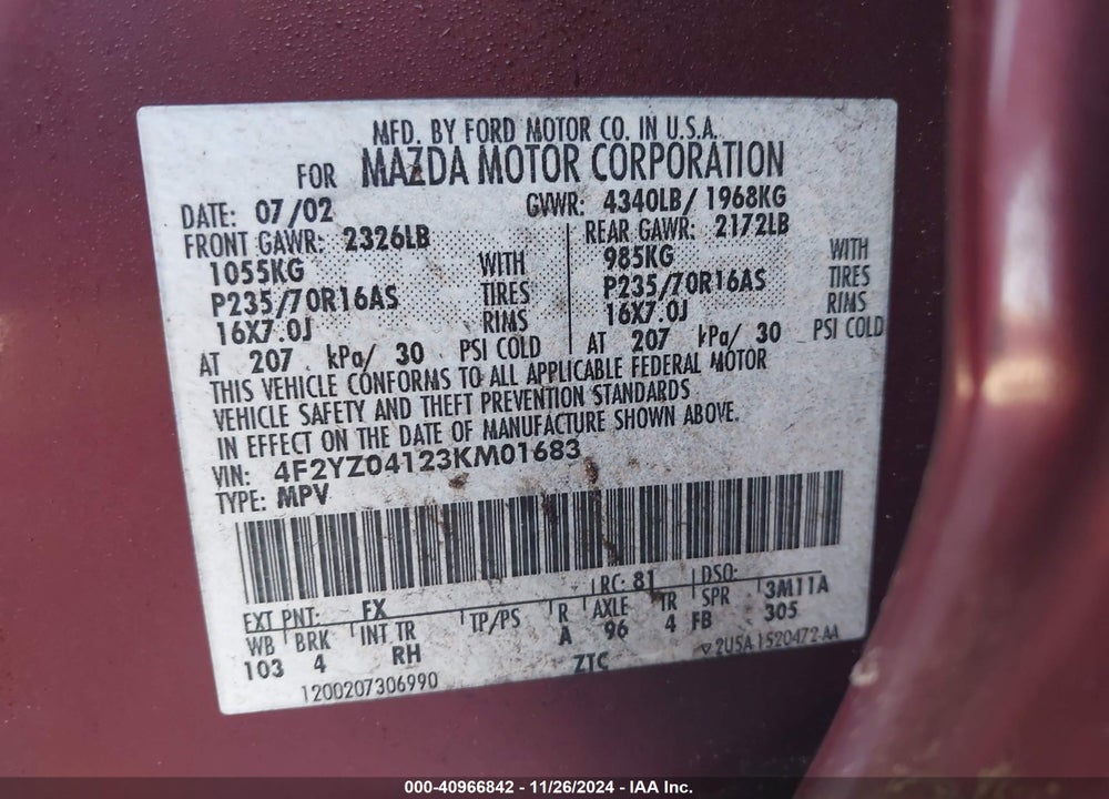 2003 MAZDA TRIBUTE LX V6 VIN: 4F2YZ04123KM01683