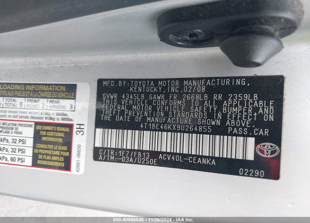 2009 TOYOTA CAMRY LE VIN: 4T1BE46KX9U264855