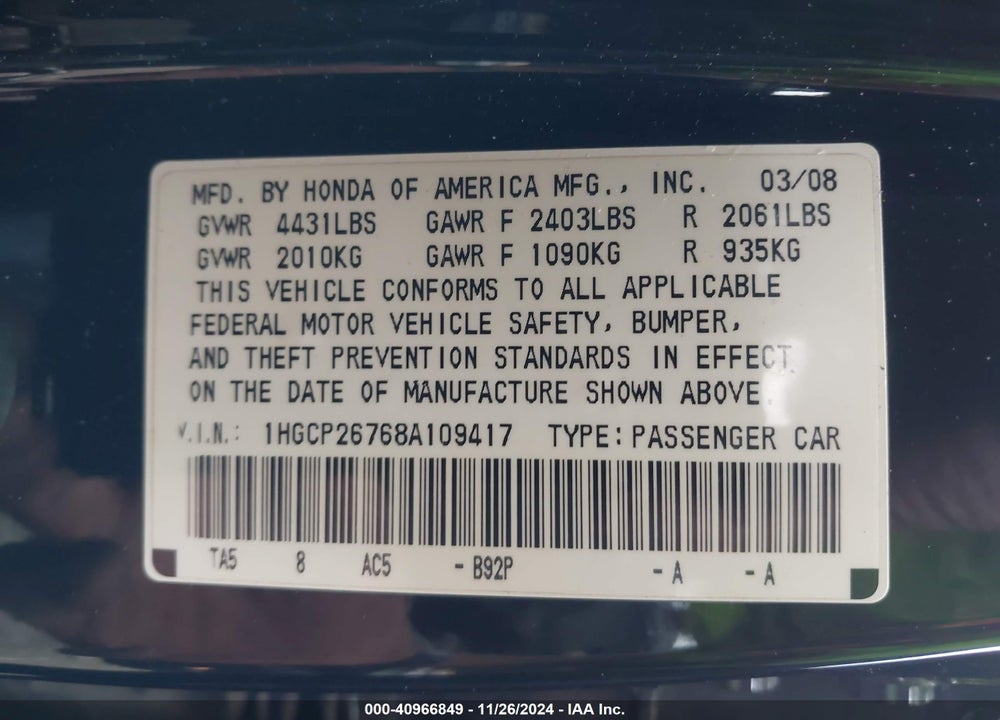 2008 HONDA ACCORD 2.4 EX VIN: 1HGCP26768A109417