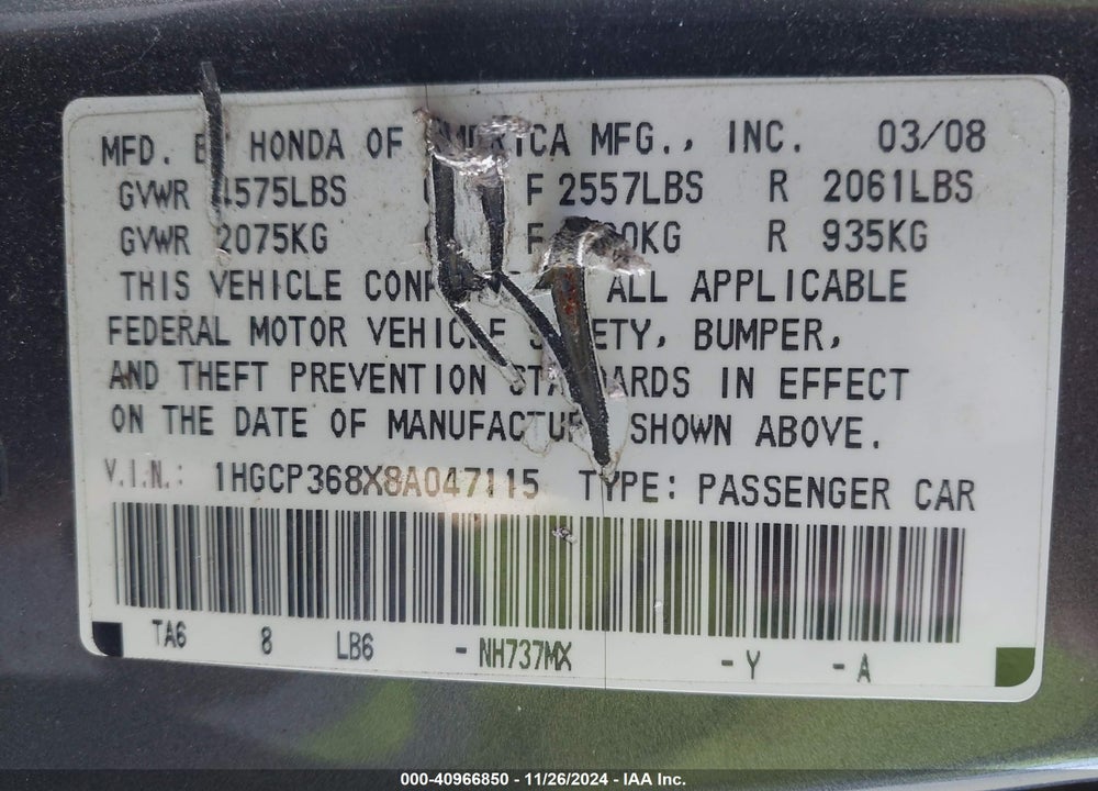2008 HONDA ACCORD 3.5 EX-L VIN: 1HGCP368X8A047115