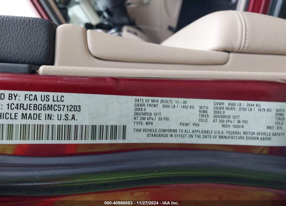 2021 JEEP GRAND CHEROKEE LIMITED 4X2 VIN: 1C4RJEBG6MC571203