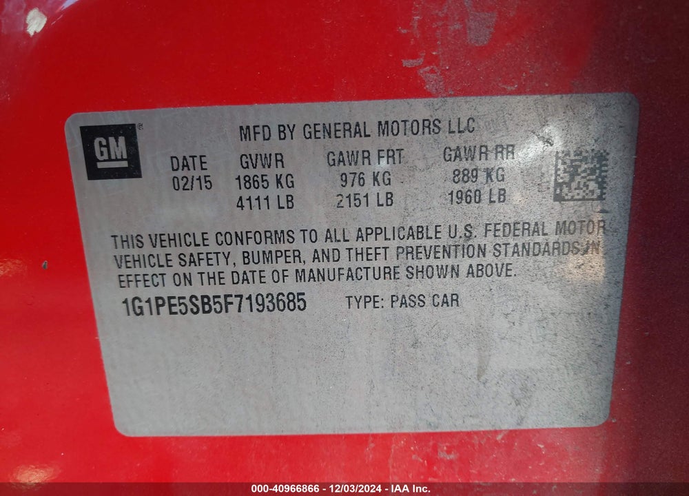 2015 CHEVROLET CRUZE VIN: 1G1PE5SB5F7193685