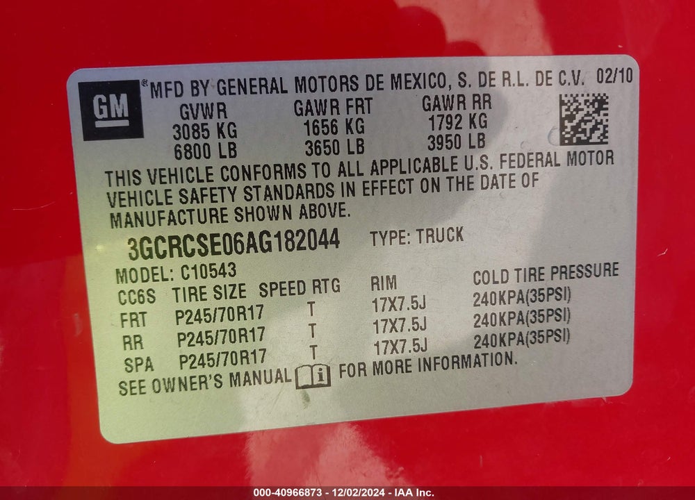 2010 CHEVROLET SILVERADO 1500 LT VIN: 3GCRCSE06AG182044