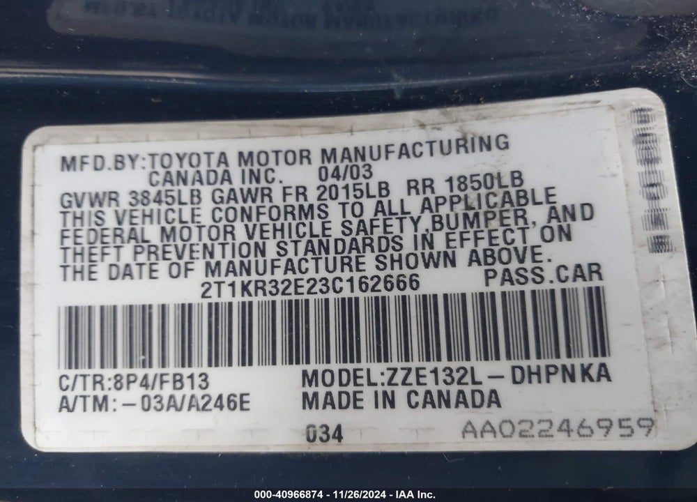 2003 TOYOTA MATRIX/XR VIN: 2T1KR32E23C162666
