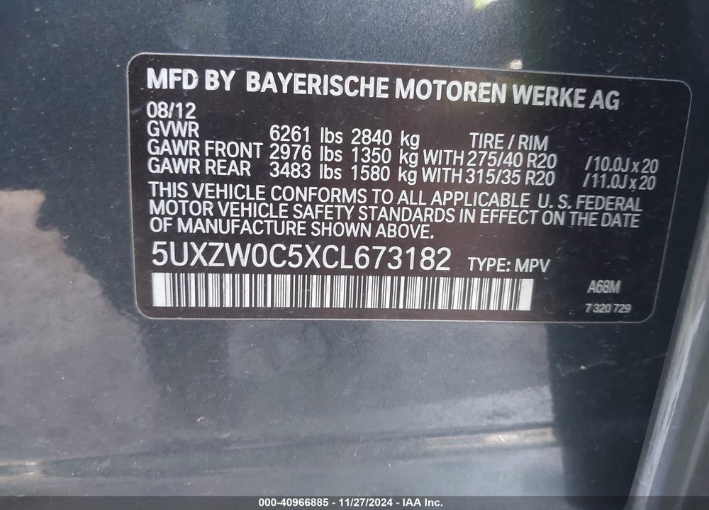 2012 BMW X5 XDRIVE35D VIN: 5UXZW0C5XCL673182