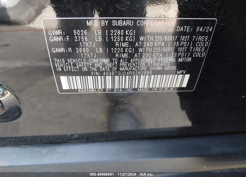 2024 SUBARU OUTBACK WILDERNESS VIN: 4S4BTGUD4R3282995