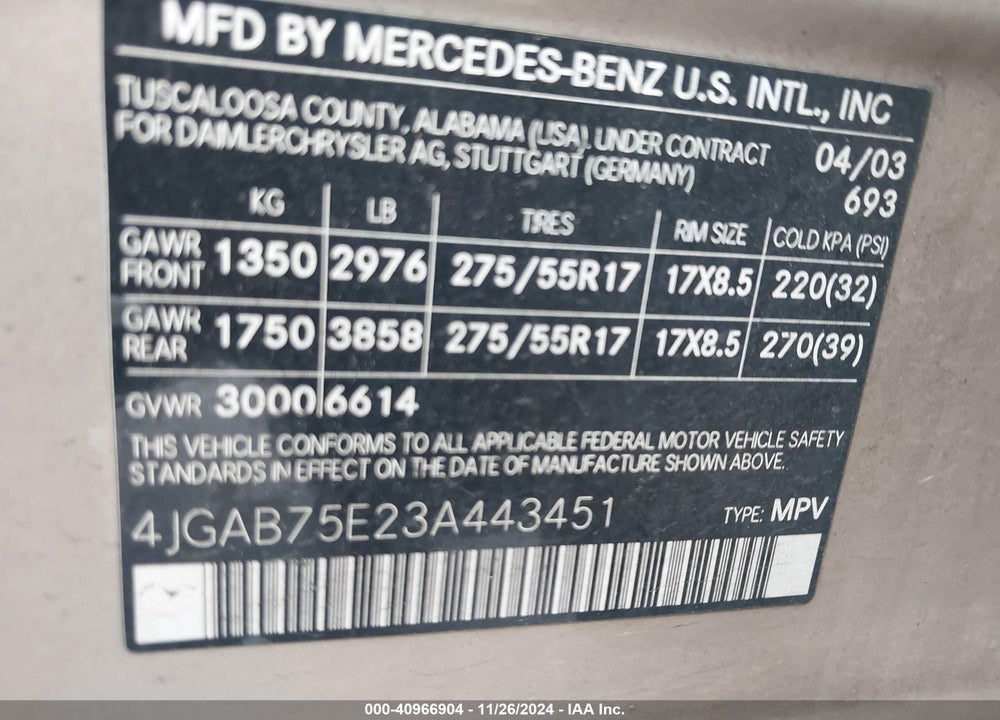 2003 MERCEDES-BENZ ML 500 VIN: 4JGAB75E23A443451