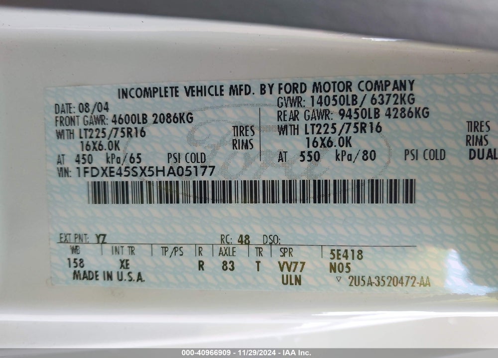 2005 FORD E-450 CUTAWAY STANDARD VIN: 1FDXE45SX5HA05177