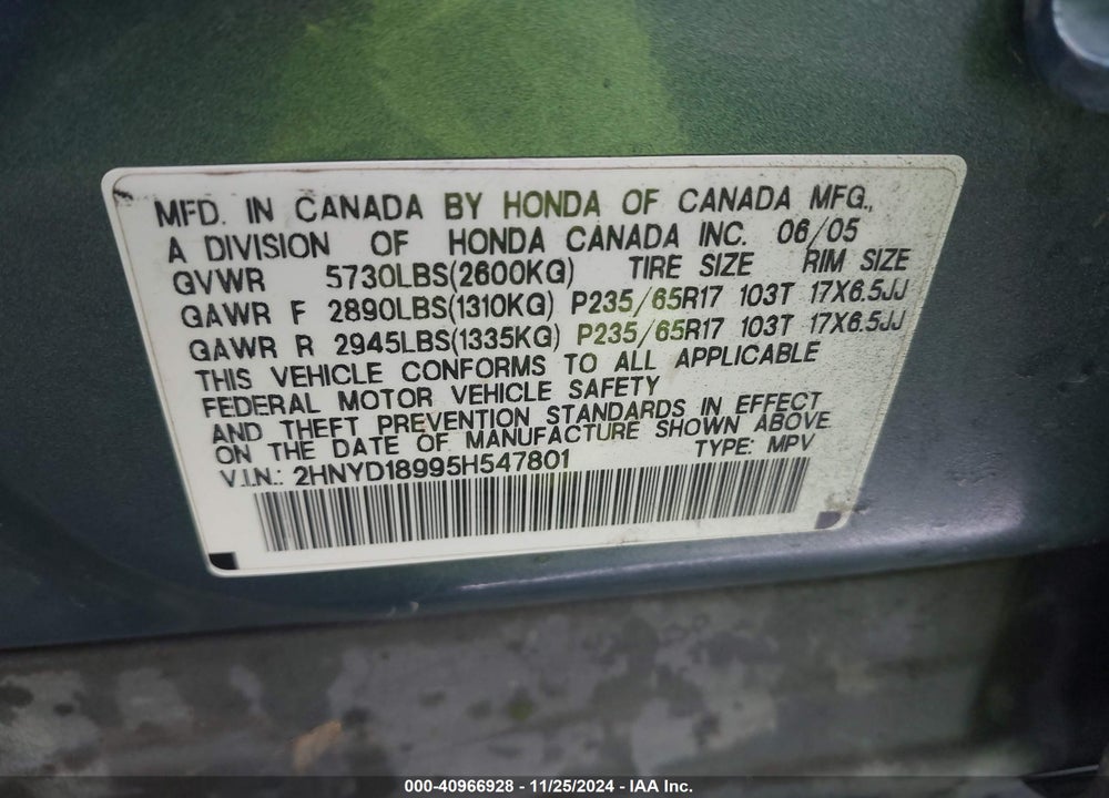 2005 ACURA MDX VIN: 2HNYD18995H547801