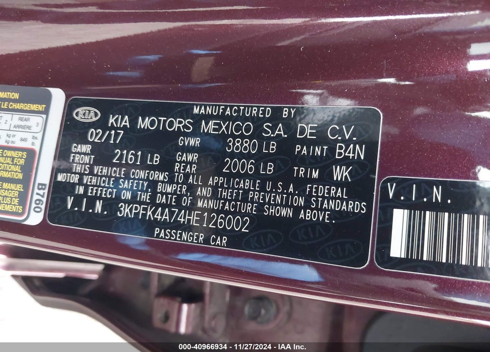 2017 KIA FORTE LX VIN: 3KPFK4A74HE126002
