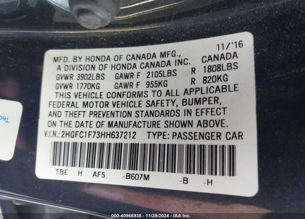 2017 HONDA CIVIC EX-L VIN: 2HGFC1F73HH637212