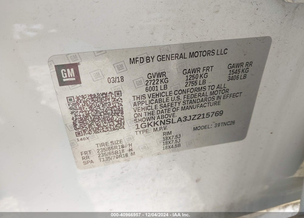2018 GMC ACADIA SLE-2 VIN: 1GKKNSLA3JZ215769