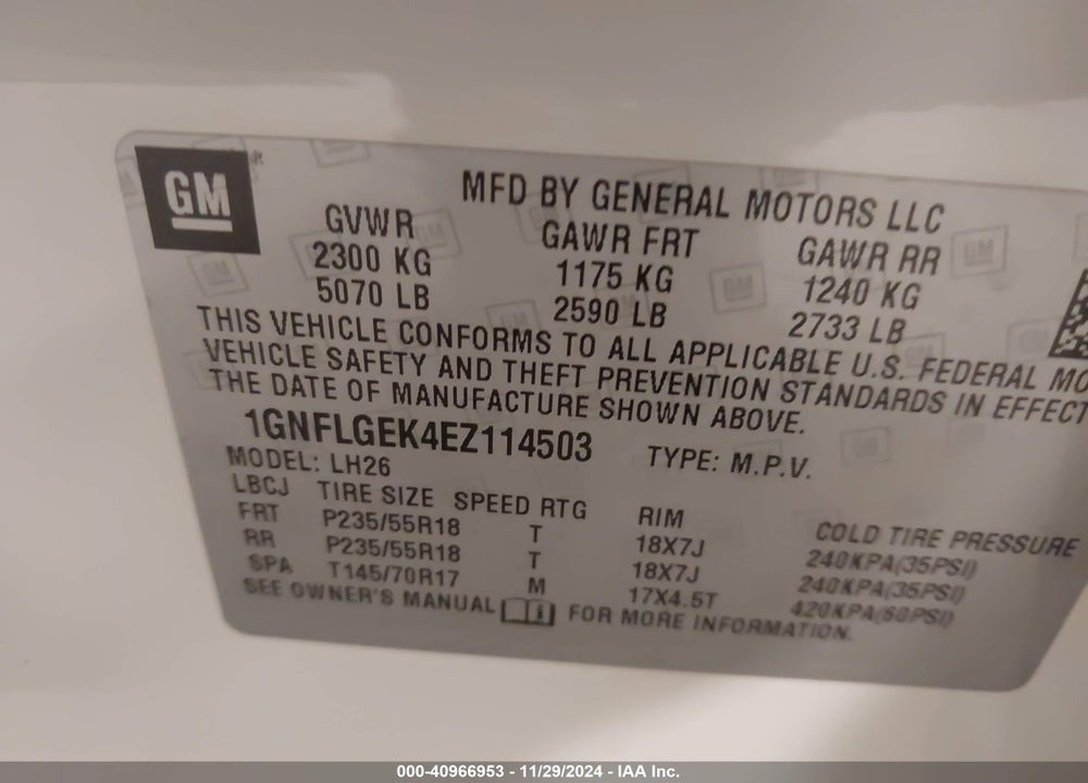 2014 CHEVROLET EQUINOX 2LT VIN: 1GNFLGEK4EZ114503