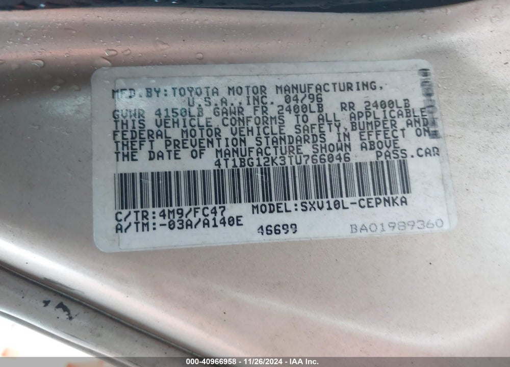 1996 TOYOTA CAMRY DX/LE/XLE VIN: 4T1BG12K3TU766046