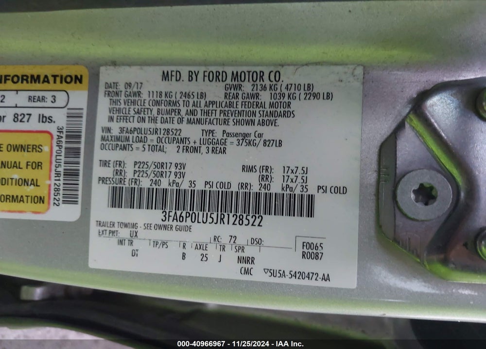 2018 FORD FUSION HYBRID SE VIN: 3FA6P0LU5JR128522