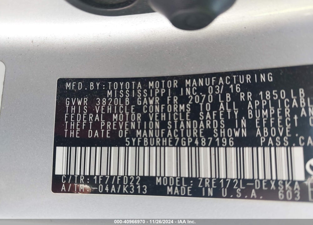 2016 TOYOTA COROLLA S PLUS VIN: 5YFBURHE7GP487196