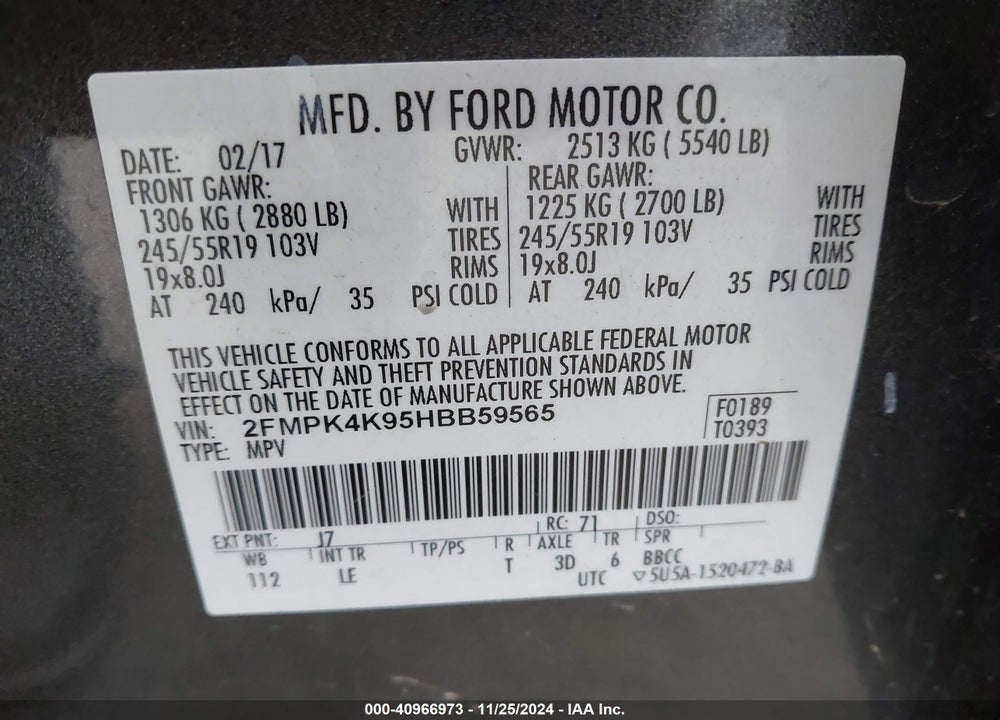 2017 FORD EDGE TITANIUM VIN: 2FMPK4K95HBB59565