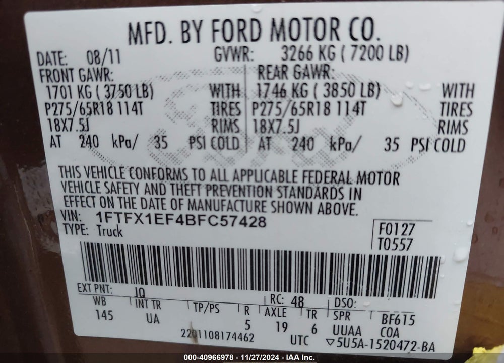 2011 FORD F-150 XLT VIN: 1FTFX1EF4BFC57428
