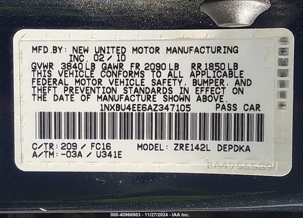 2010 TOYOTA COROLLA LE VIN: 1NXBU4EE6AZ347105