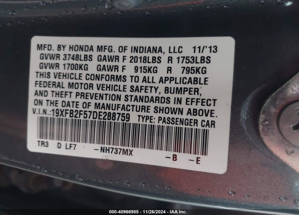 2013 HONDA CIVIC LX VIN: 19XFB2F57DE288759