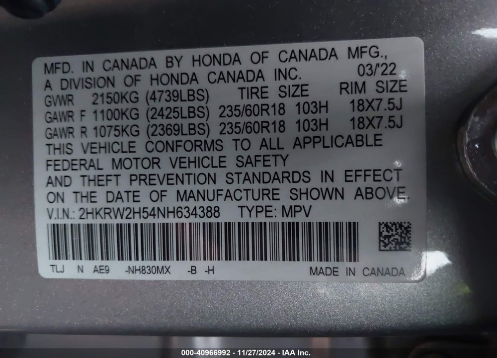 2022 HONDA CR-V AWD EX VIN: 2HKRW2H54NH634388