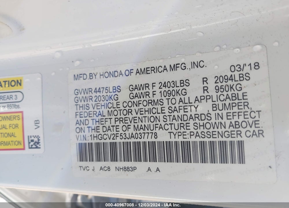 2018 HONDA ACCORD VIN: 1HGCV2F53JA037778