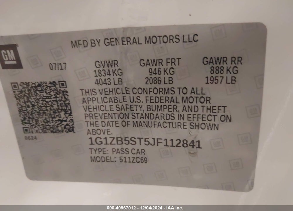 2018 CHEVROLET MALIBU 1LS VIN: 1G1ZB5ST5JF112841