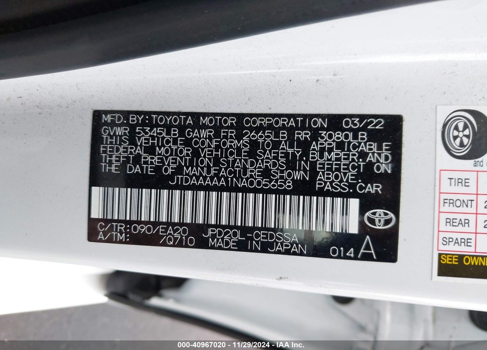 2022 TOYOTA MIRAI XLE VIN: JTDAAAAA1NA005658