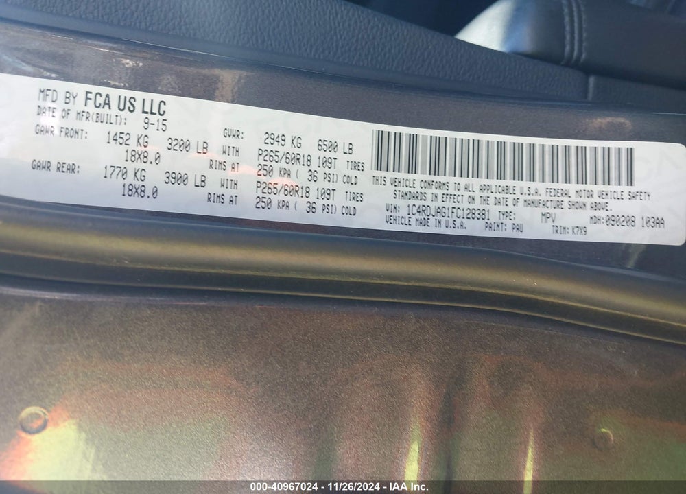 2015 DODGE DURANGO SXT VIN: 1C4RDJAG1FC128381