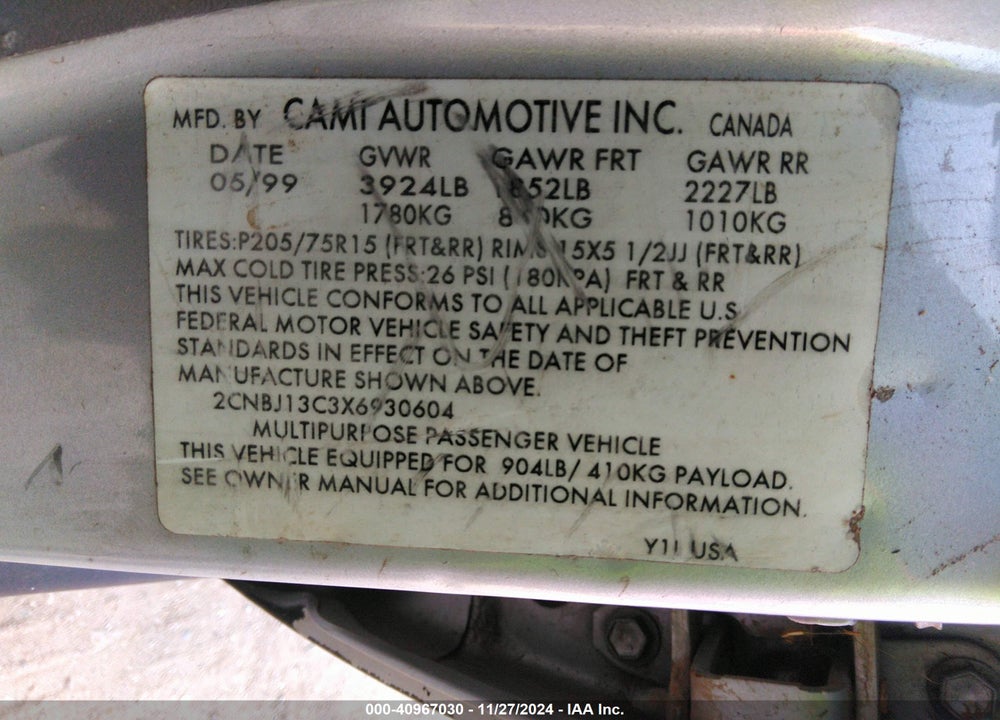 1999 CHEVROLET TRACKER VIN: 2CNBJ13C3X6930604