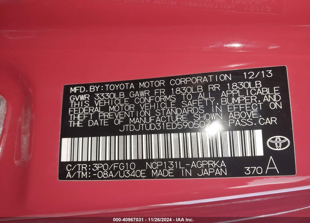 2014 TOYOTA YARIS L (TMC/CBU PLANT) VIN: JTDJTUD31ED590507