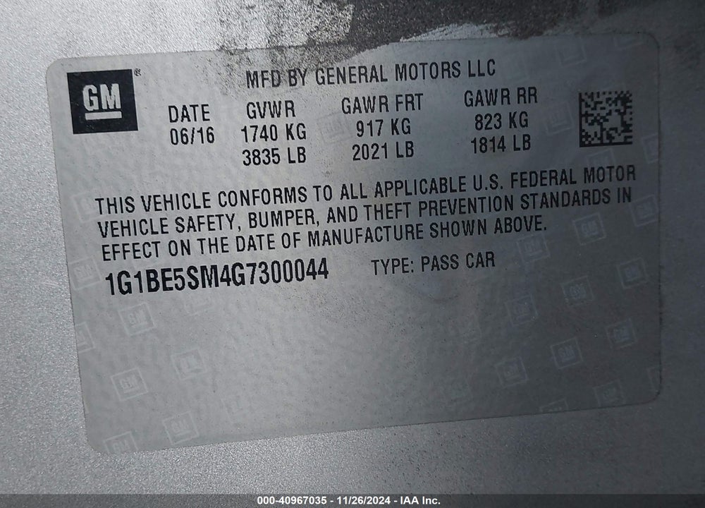 2016 CHEVROLET CRUZE LT AUTO VIN: 1G1BE5SM4G7300044