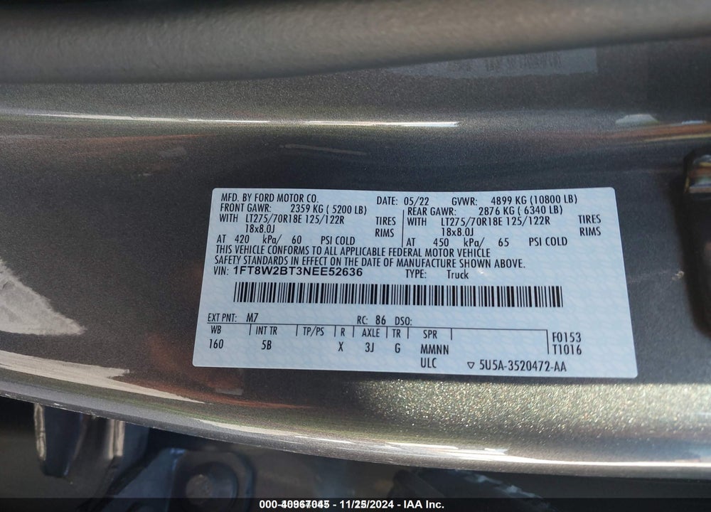 2022 FORD F-250 LARIAT VIN: 1FT8W2BT3NEE52636