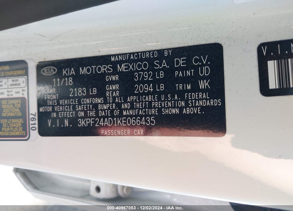 2019 KIA FORTE LXS VIN: 3KPF24AD1KE066435