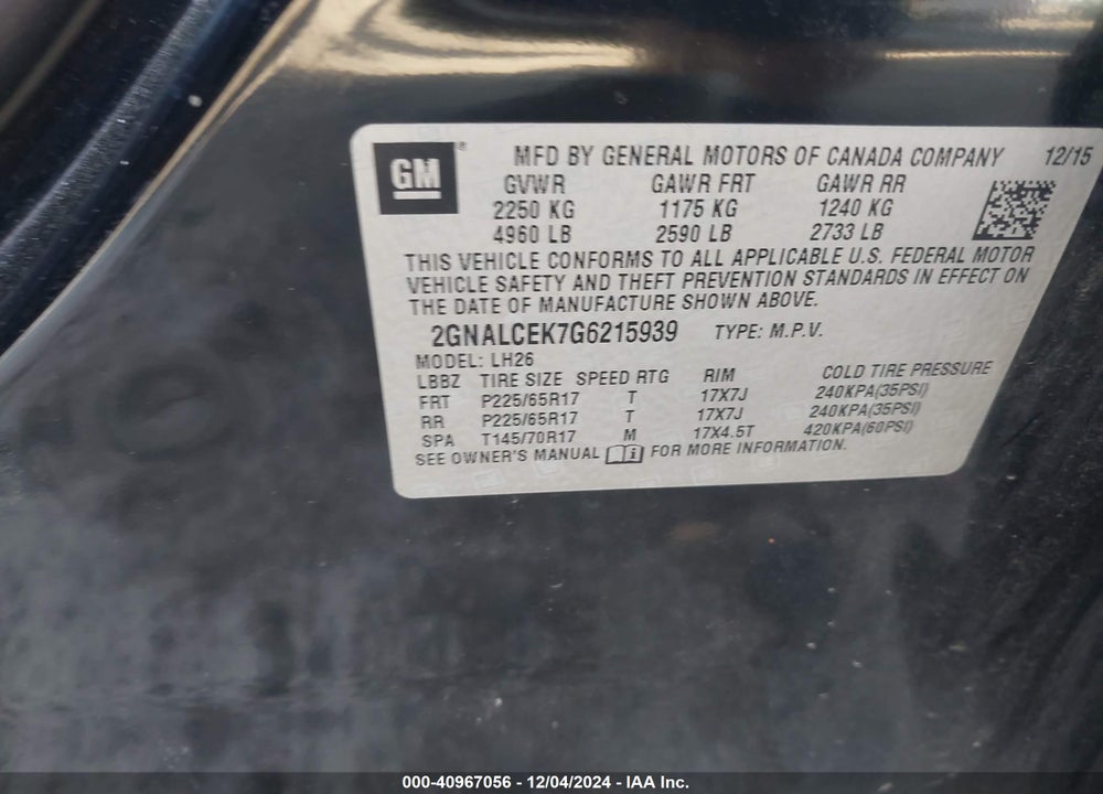 2016 CHEVROLET EQUINOX LT VIN: 2GNALCEK7G6215939