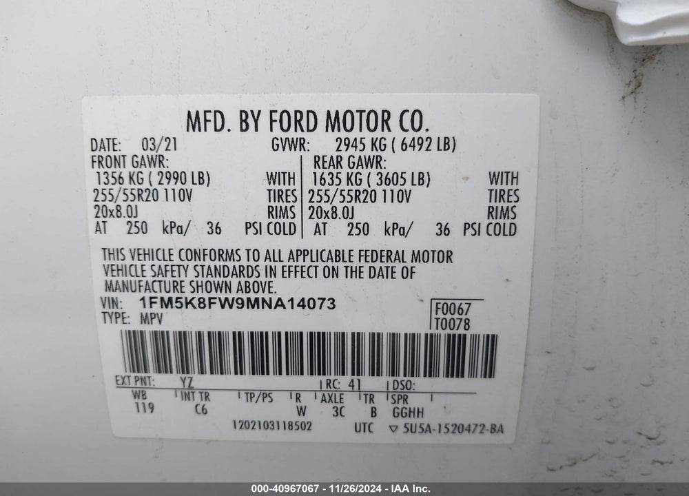 2021 FORD EXPLORER LIMITED VIN: 1FM5K8FW9MNA14073
