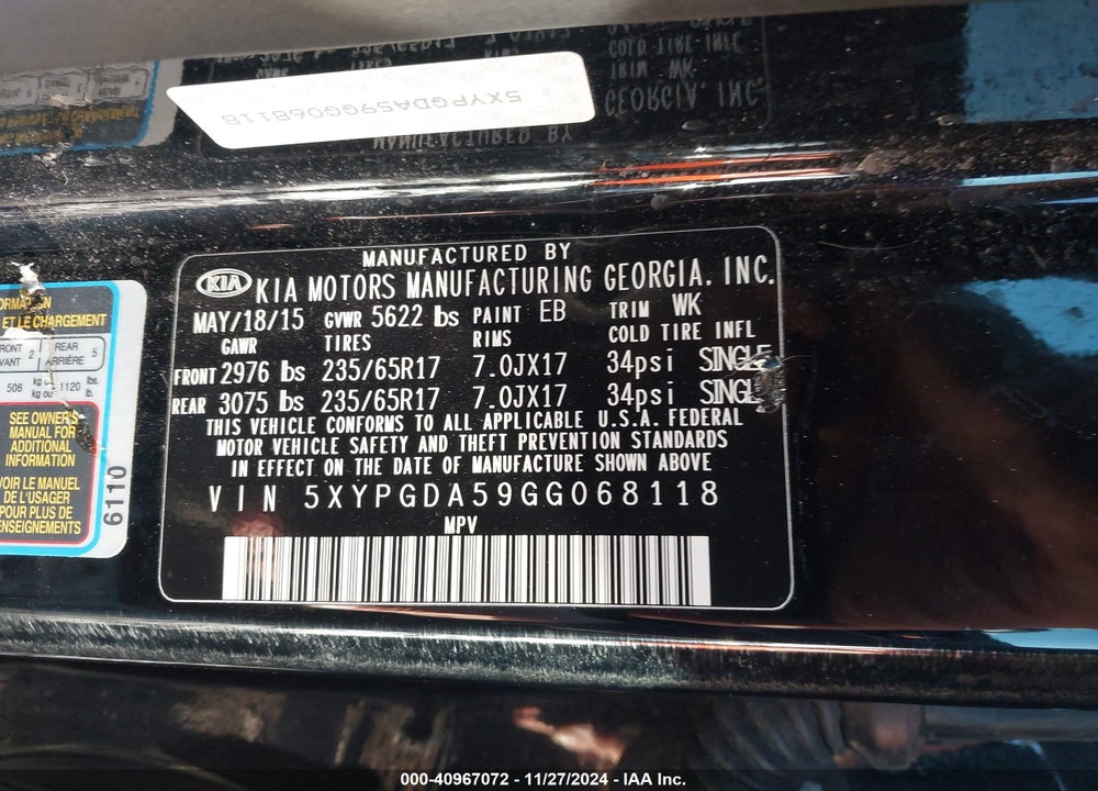 2016 KIA SORENTO 3.3L LX VIN: 5XYPGDA59GG068118