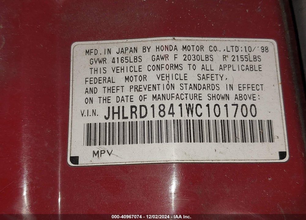 1998 HONDA CR-V LX VIN: JHLRD1841WC101700
