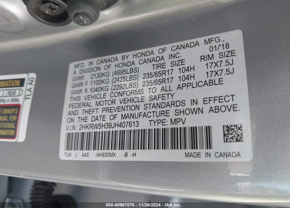 2018 HONDA CR-V LX VIN: 2HKRW5H39JH407613