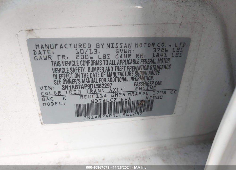 2013 NISSAN SENTRA S VIN: 3N1AB7AP9DL562297